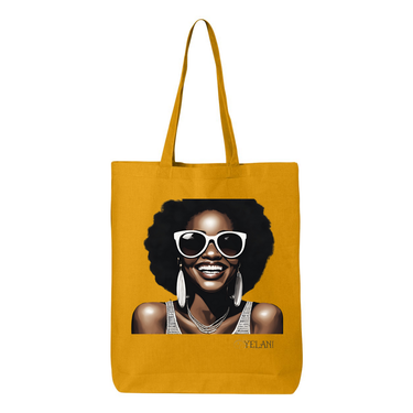 Hi There! Gusseted tote bag featuring an illustration of a beautiful woman with sunglasses and an afro.